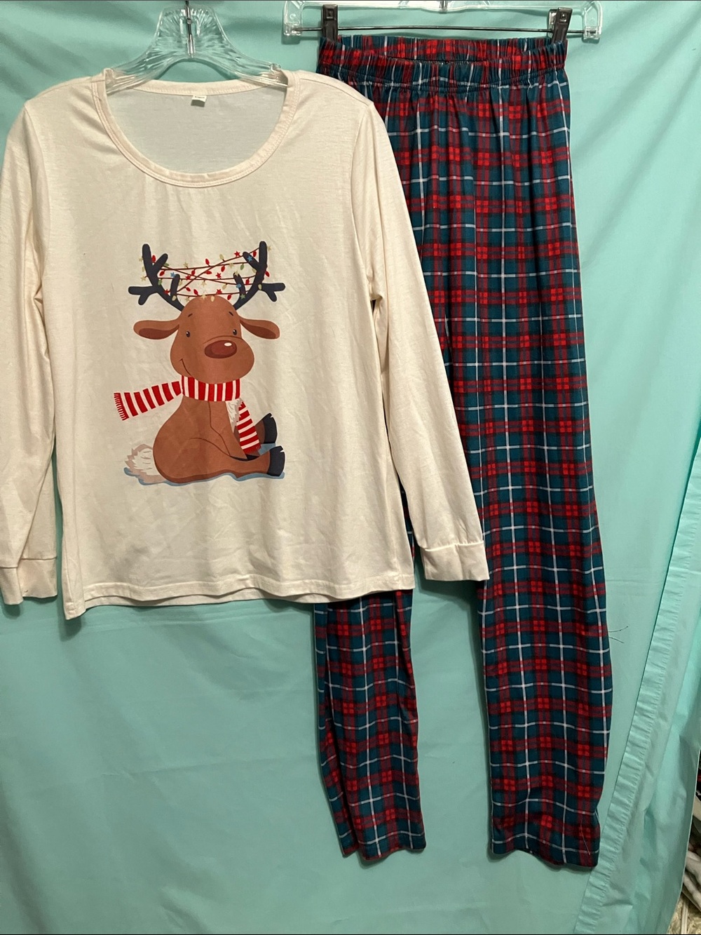 Cream Reindeer Long-Sleeve Pajama Set with Red Plaid Pants